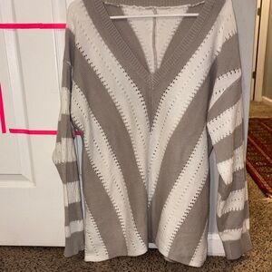Comfy Fall V-Neck Sweater - gray and white